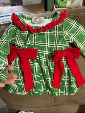 Green Plaid Ruffle Holiday Top with Red Bows